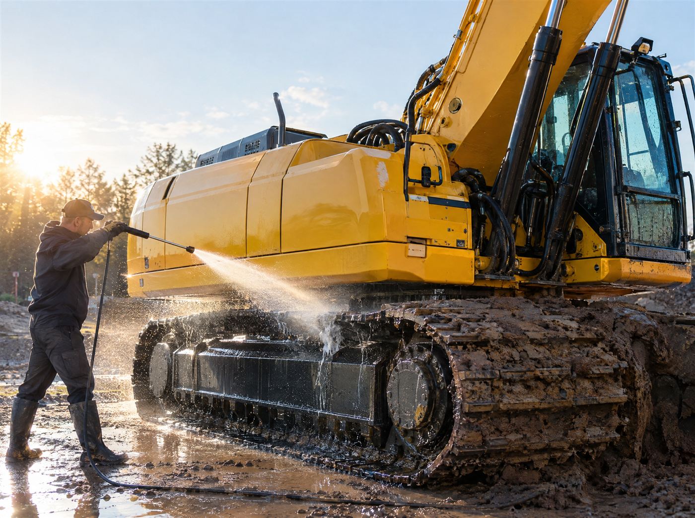 Excavator being pressure washed