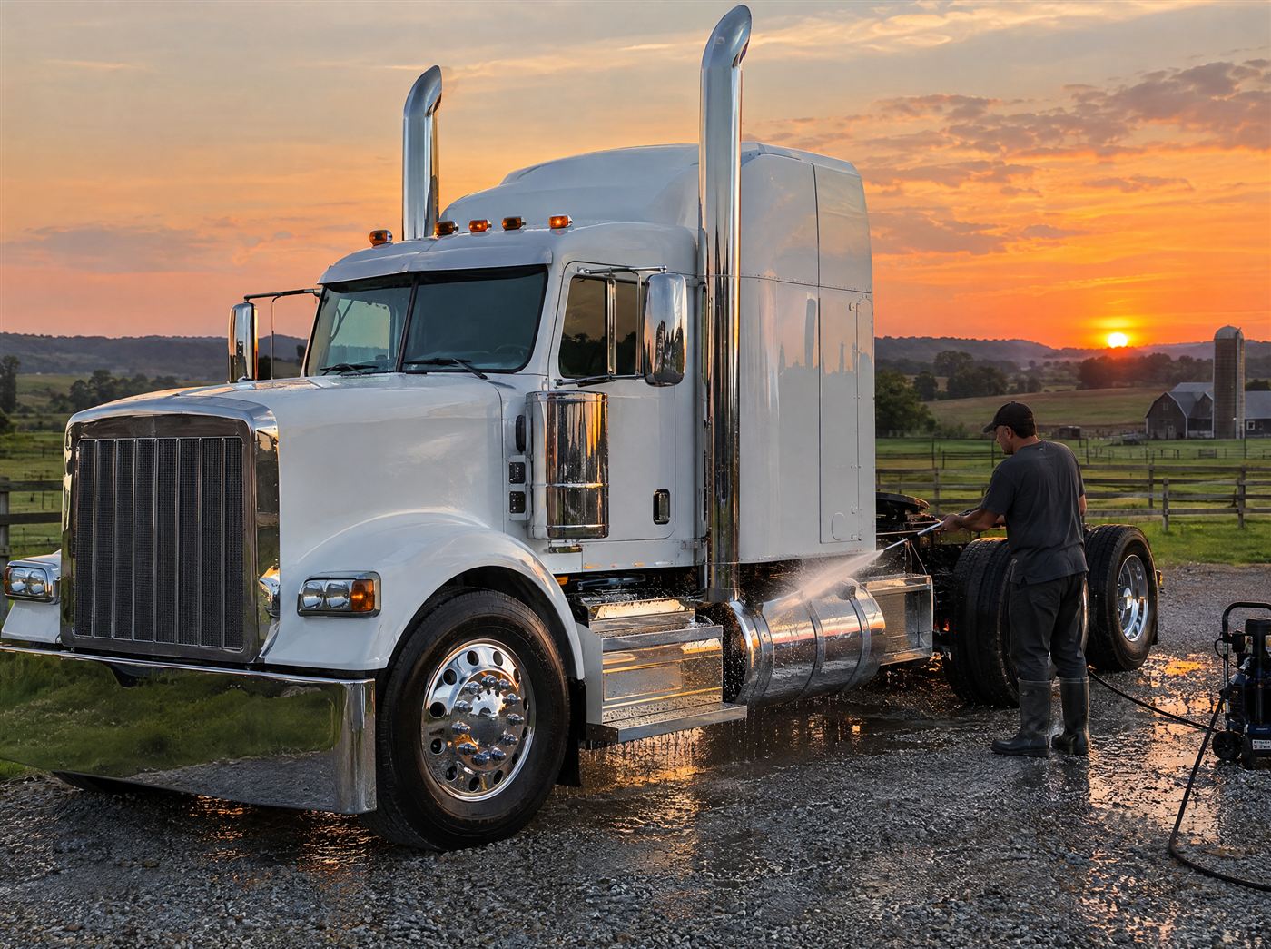 Clean white semi truck being rinsed at sunset